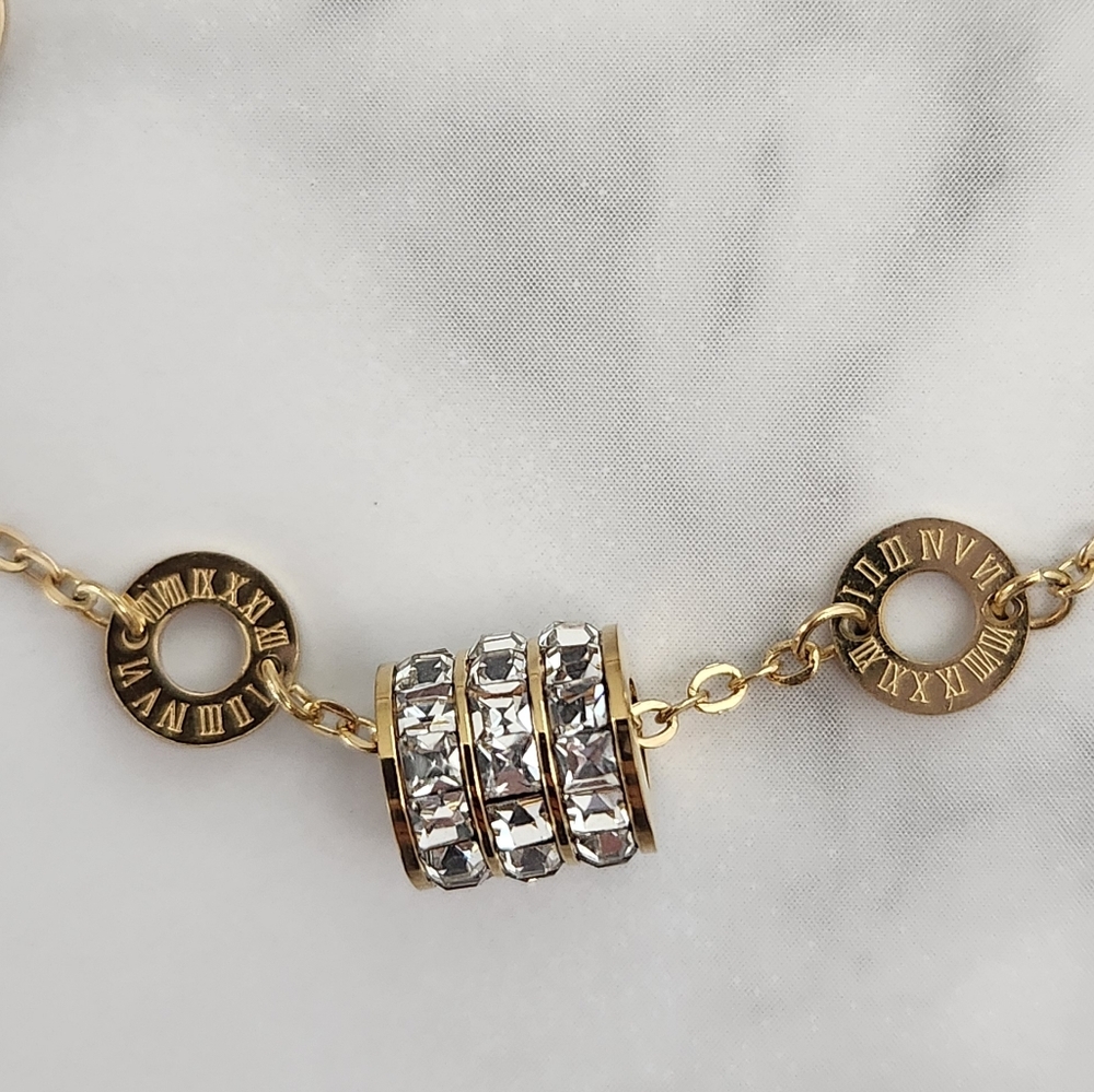 Gold Roman Numeral Anklet Crystal Stainless Steel Ankle Bracelet - Picture 14 of 16